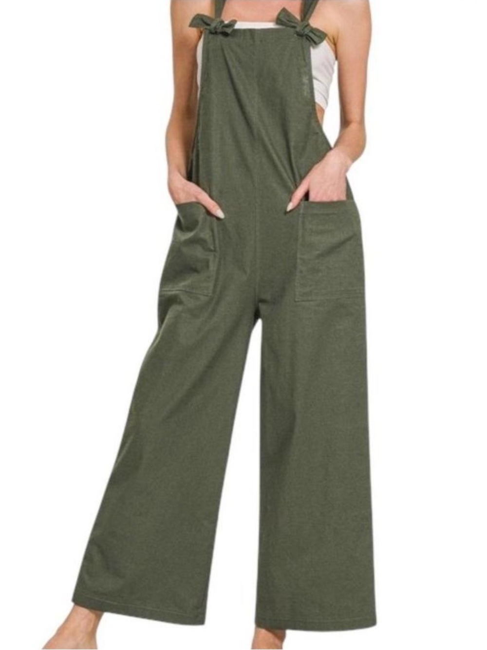 Zenana Outfitters Olive Green Wide-Leg Tie-Shoulder Jumpsuit Overalls Size L